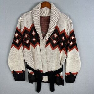 VTG 70s Cardigan Sweater Womens M Shawl Collar Belted Aztec Geometric Hippie